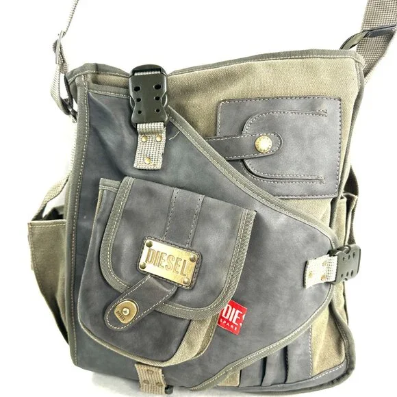 Vintage DIESEL Green Gray Canvas Cargo Messenger Sling Bag Utility Pockets Y2K